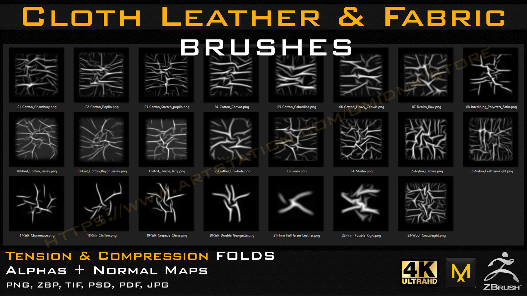 Different types of Cloth, Leather, Fabric & etc Brushes (4k) Tension & Compression Folds- Alpha + Normal Maps V-01