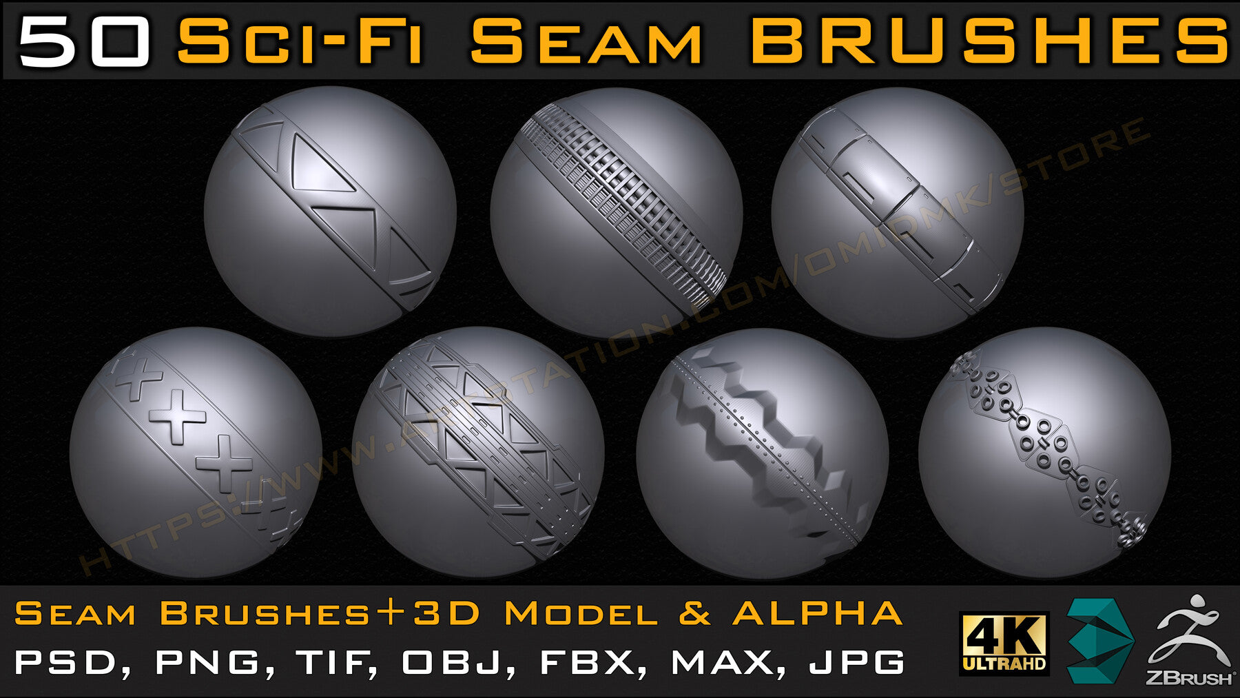 50 Sci-fi Seam Brushes+3D Model & Alpha ( Tileable 4k-16bit) Vol.02