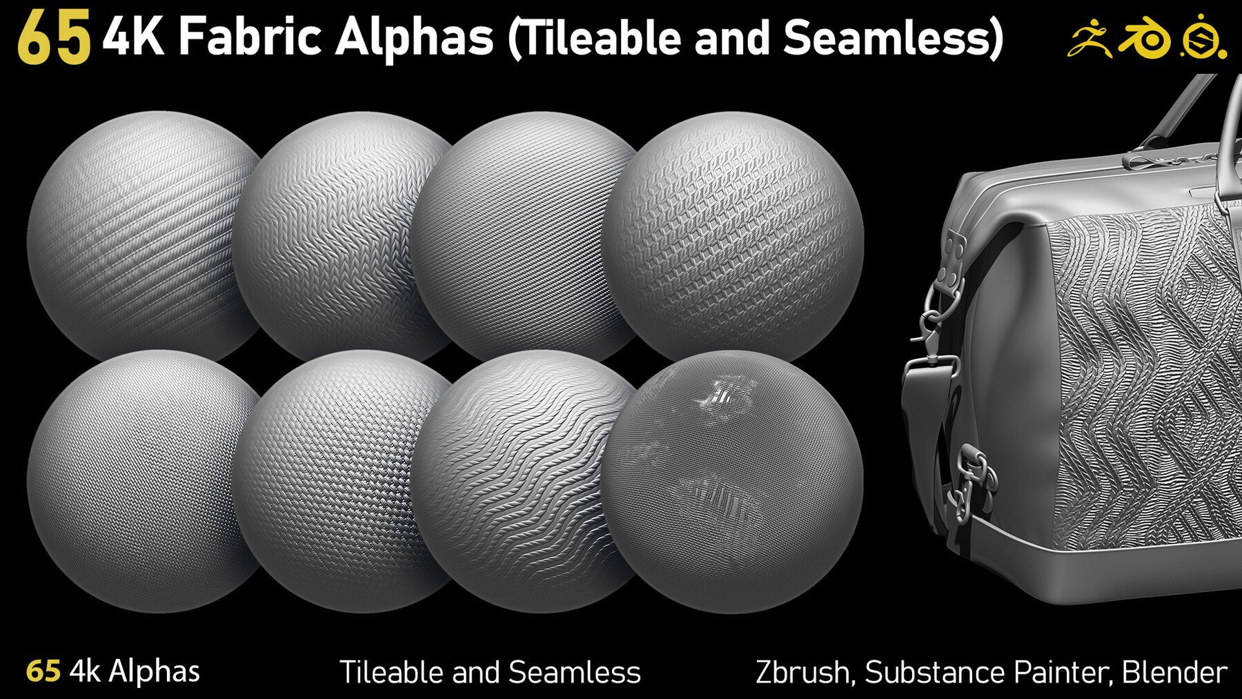 65 4K Fabric Alphas(Tileable) PNG-Zbrush-Substance Painter-Blender-Photoshop