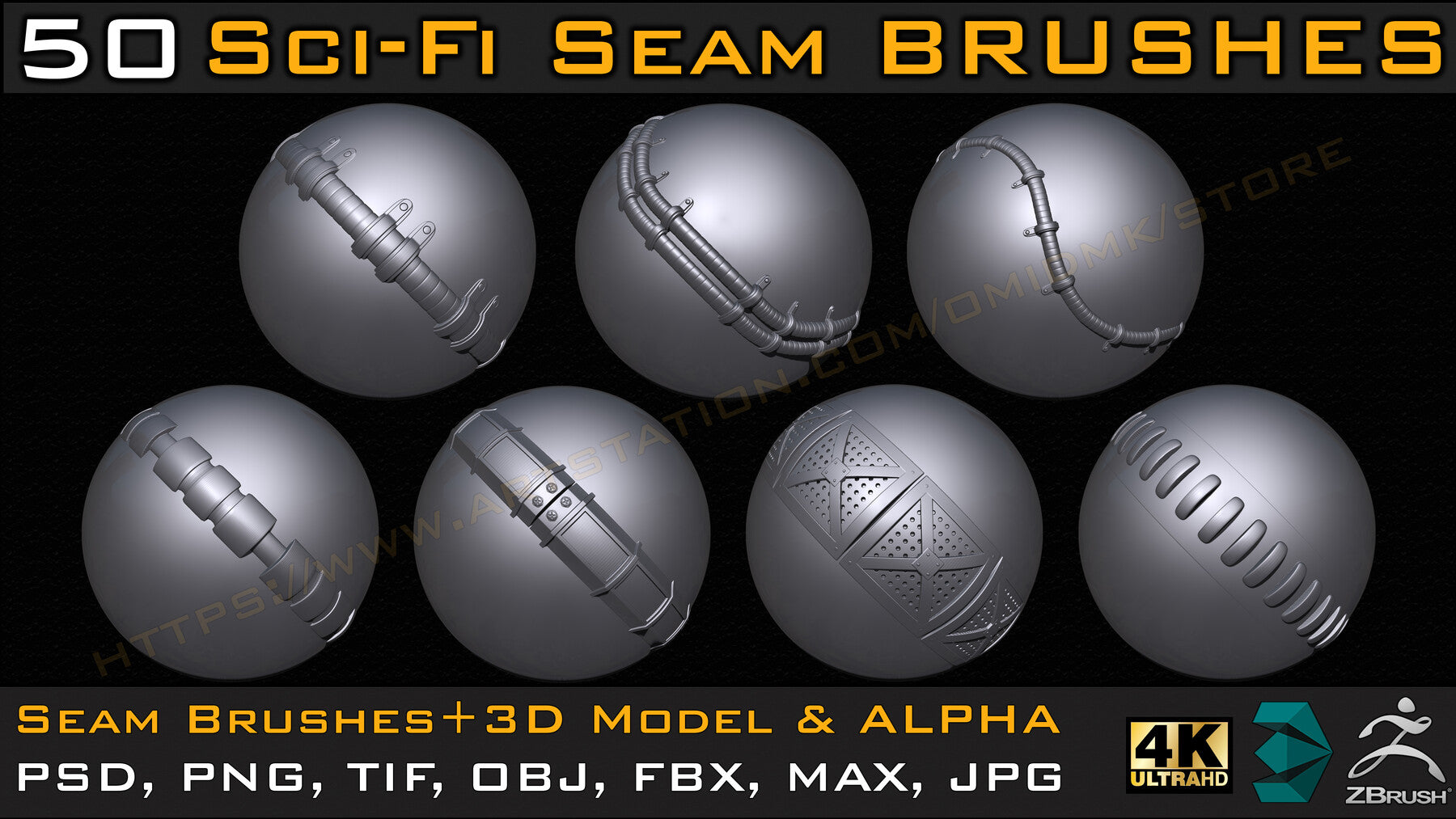 50 Sci-fi Seam Brushes+3D Model & Alpha ( Tileable 4k-16bit) Vol.02