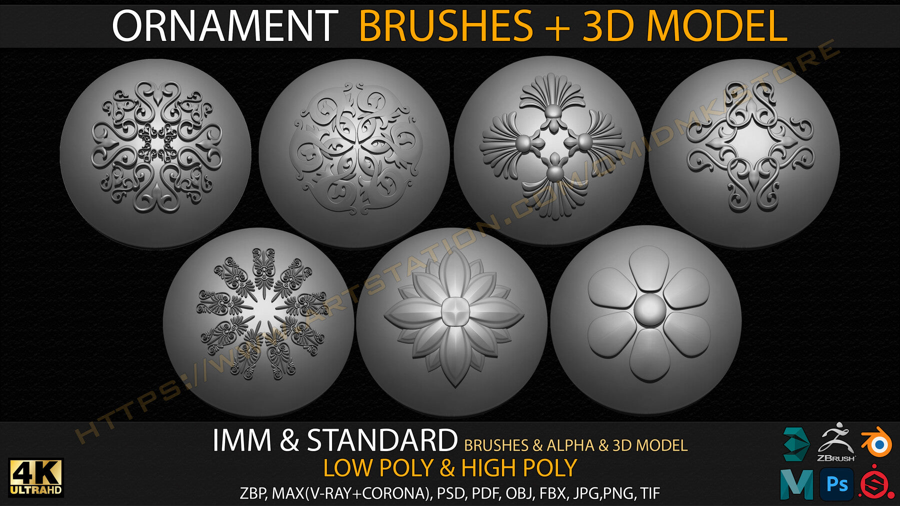 Ornament IMM & Standard Brushes+3D model+ Alpha 4K (V.02)