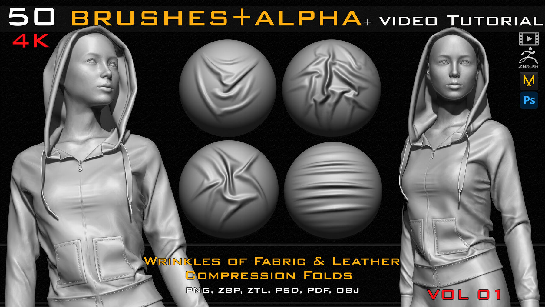 50 ZBrush Brush + Alpha (4K ) ,Fabric and Leather Compression Folds- Vol 02