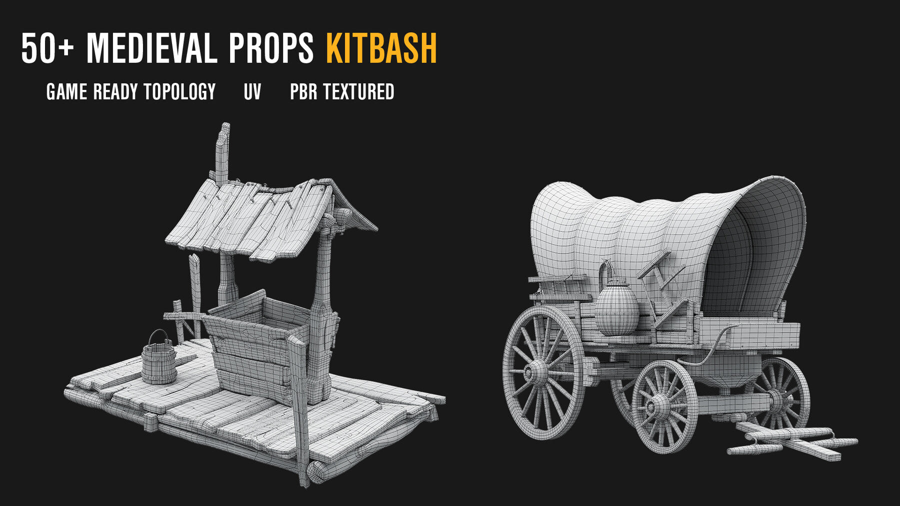 50+MEDIEVAL PROPS KITBASH [Mid Topology/ UV/ PBR textured]