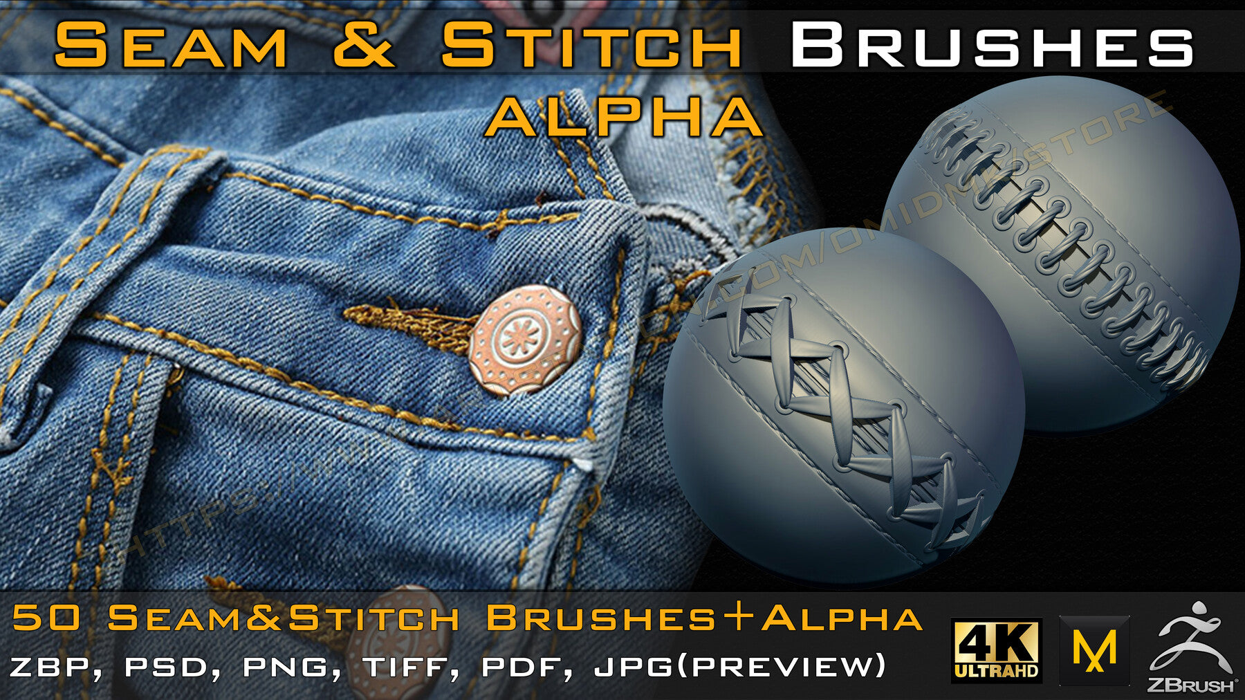 50 Seam & Stitch Brushes & Alpha (Tileable 4k-16bit) Vol.03