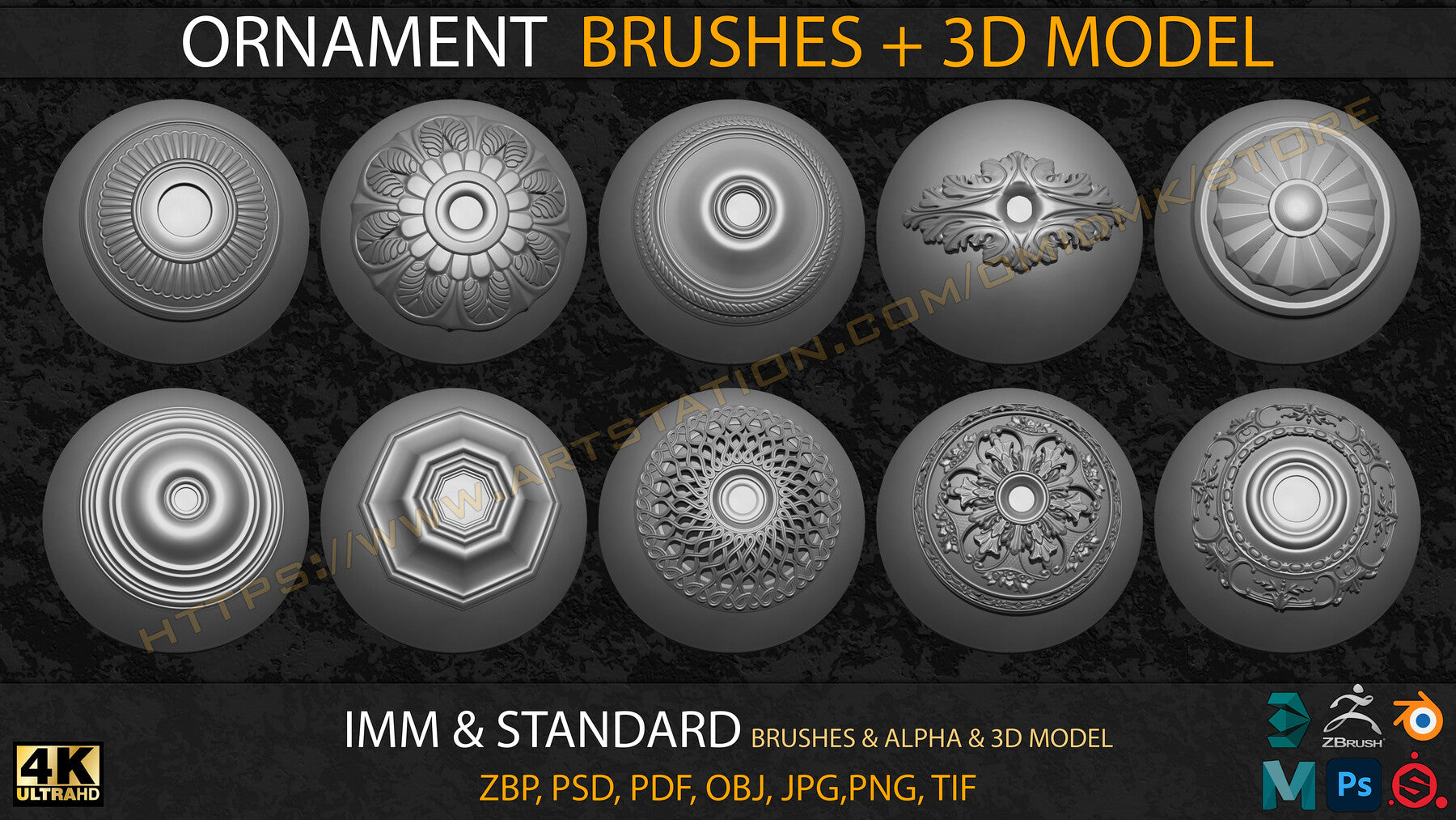 Ornament IMM & Standard Brushes+3D model+ Alpha 4K (V.03)