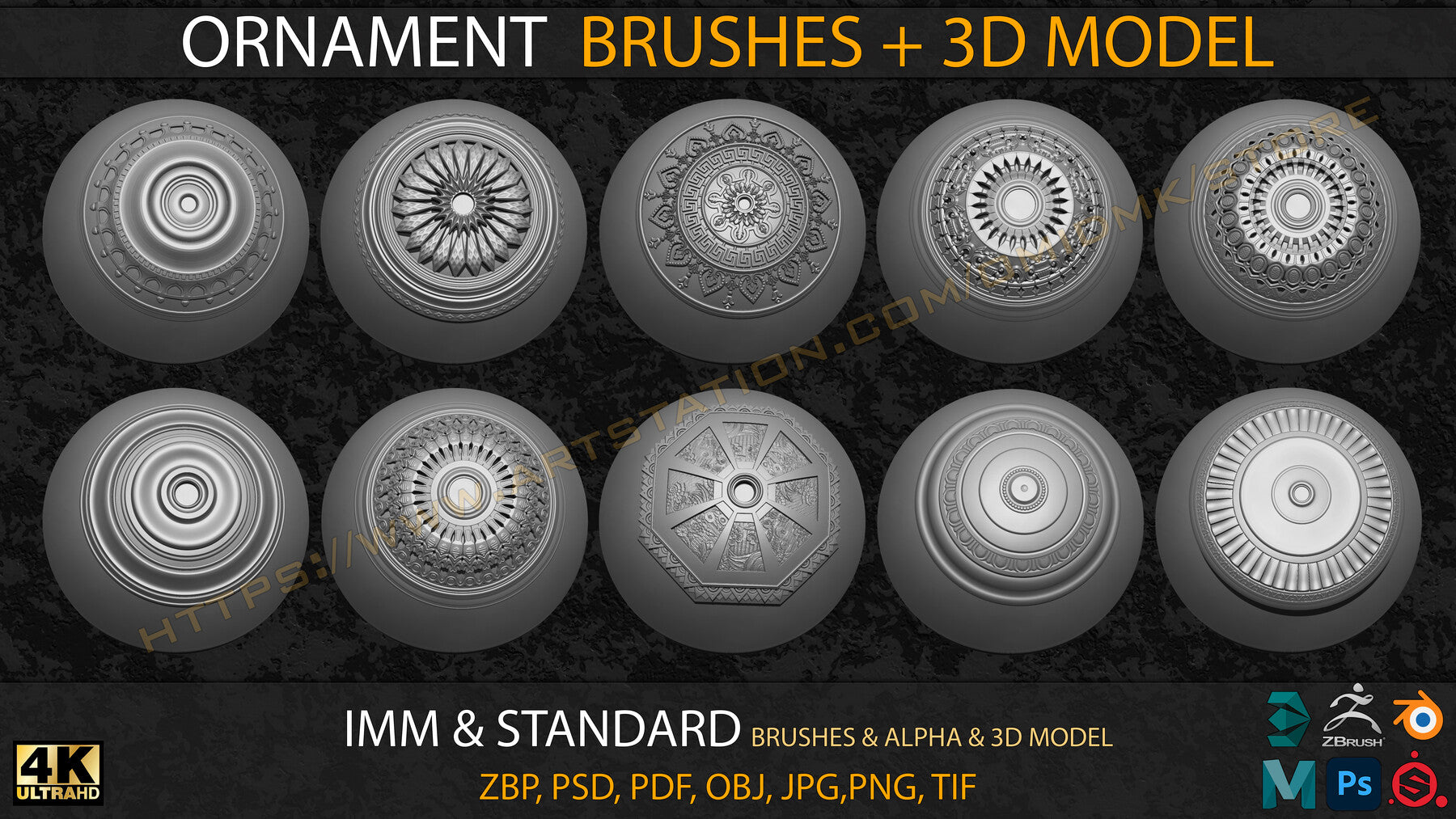 Ornament IMM & Standard Brushes+3D model+ Alpha 4K (V.03)