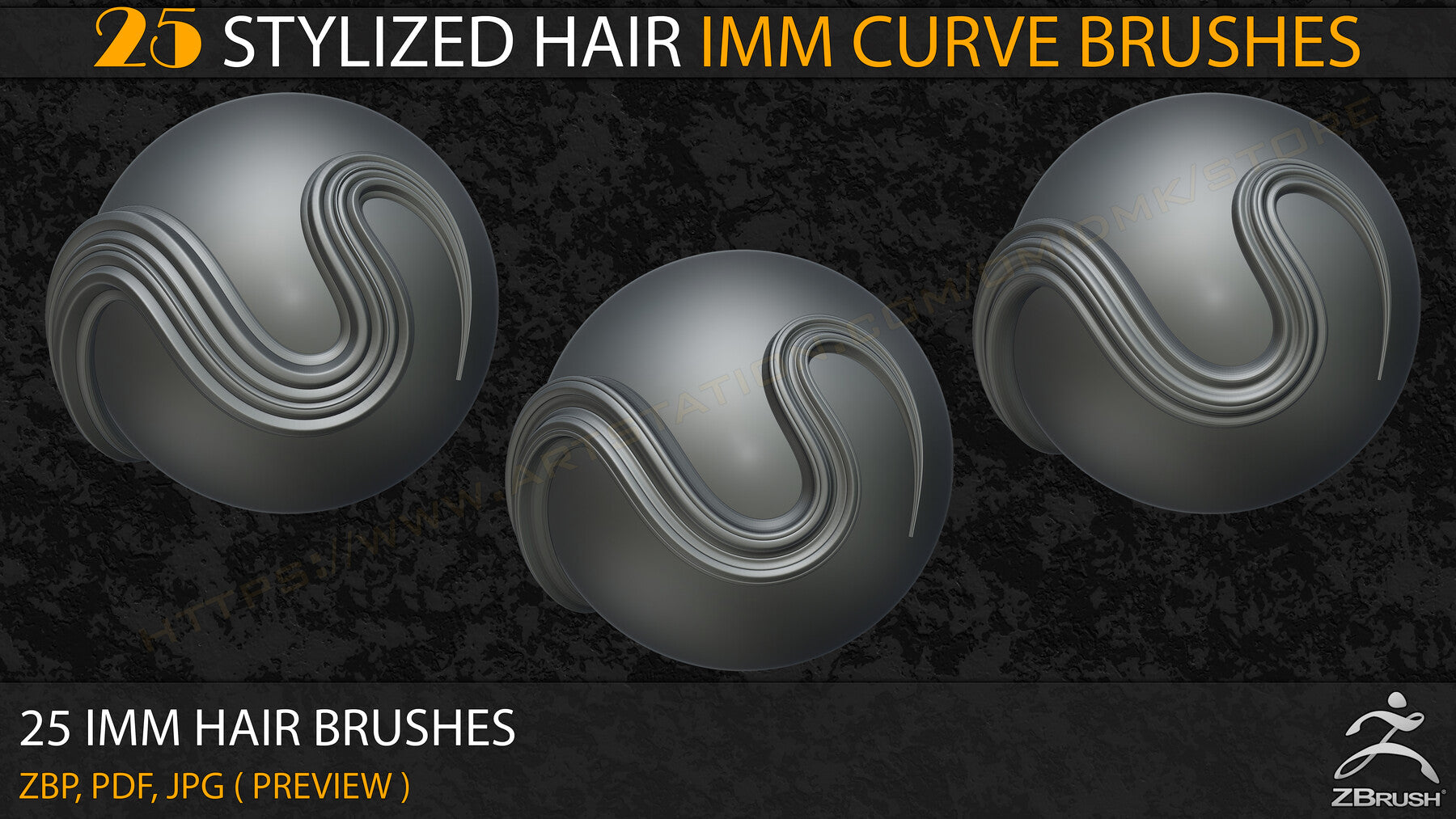 25 Stylized Hair IMM Curve Brushes ( V-01)