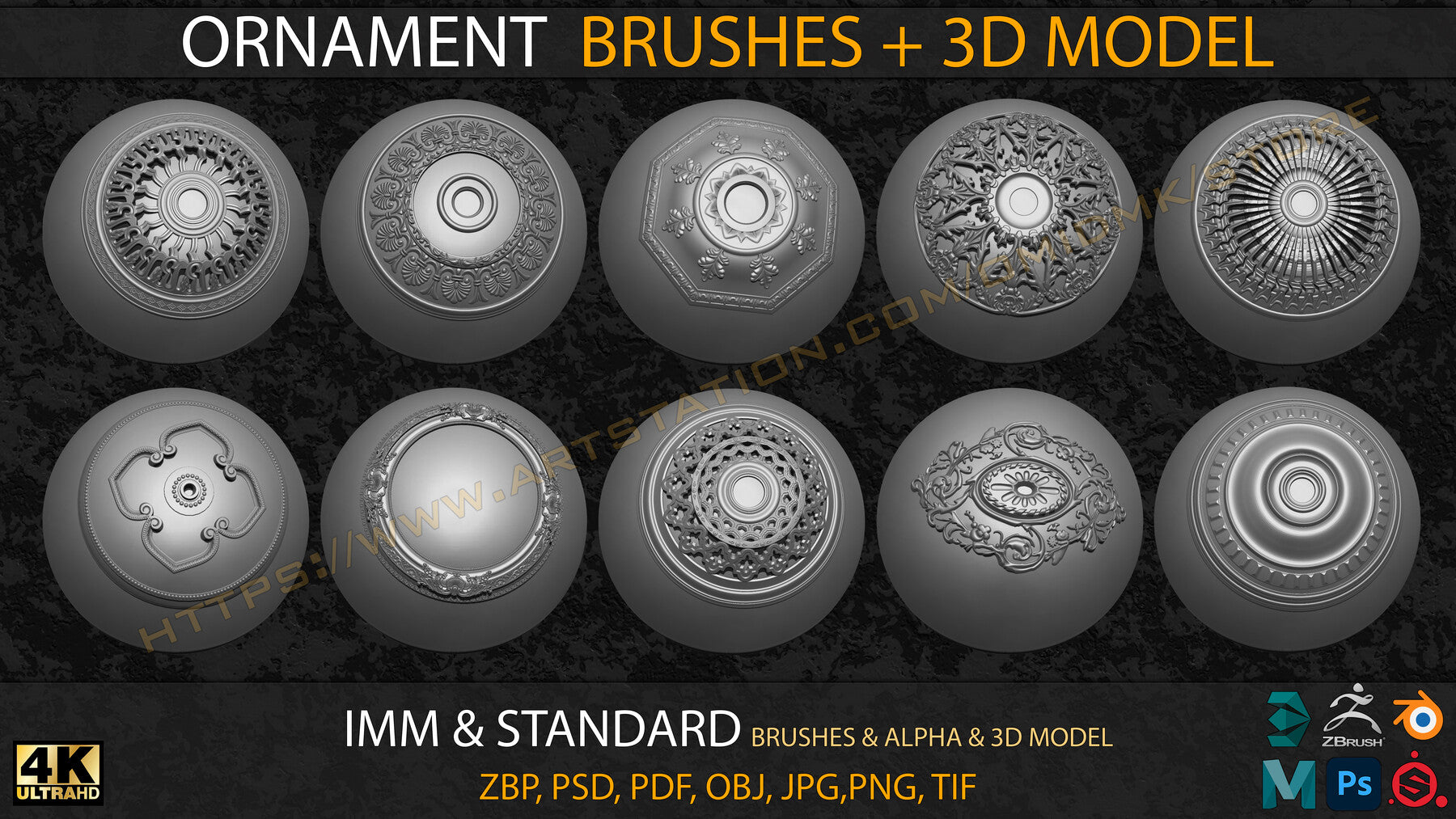 Ornament IMM & Standard Brushes+3D model+ Alpha 4K (V.03)