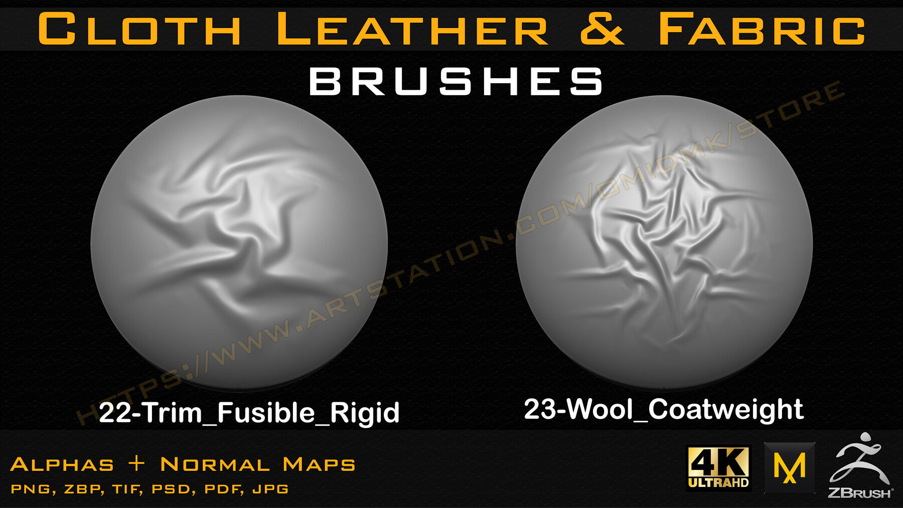 Different types of Cloth, Leather, Fabric & etc Brushes (4k) Tension & Compression Folds- Alpha + Normal Maps V-01