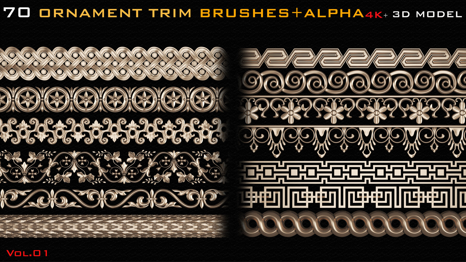 70 Ornament Trim Brushes+3D Model+ Alpha (4k)-Vol 01