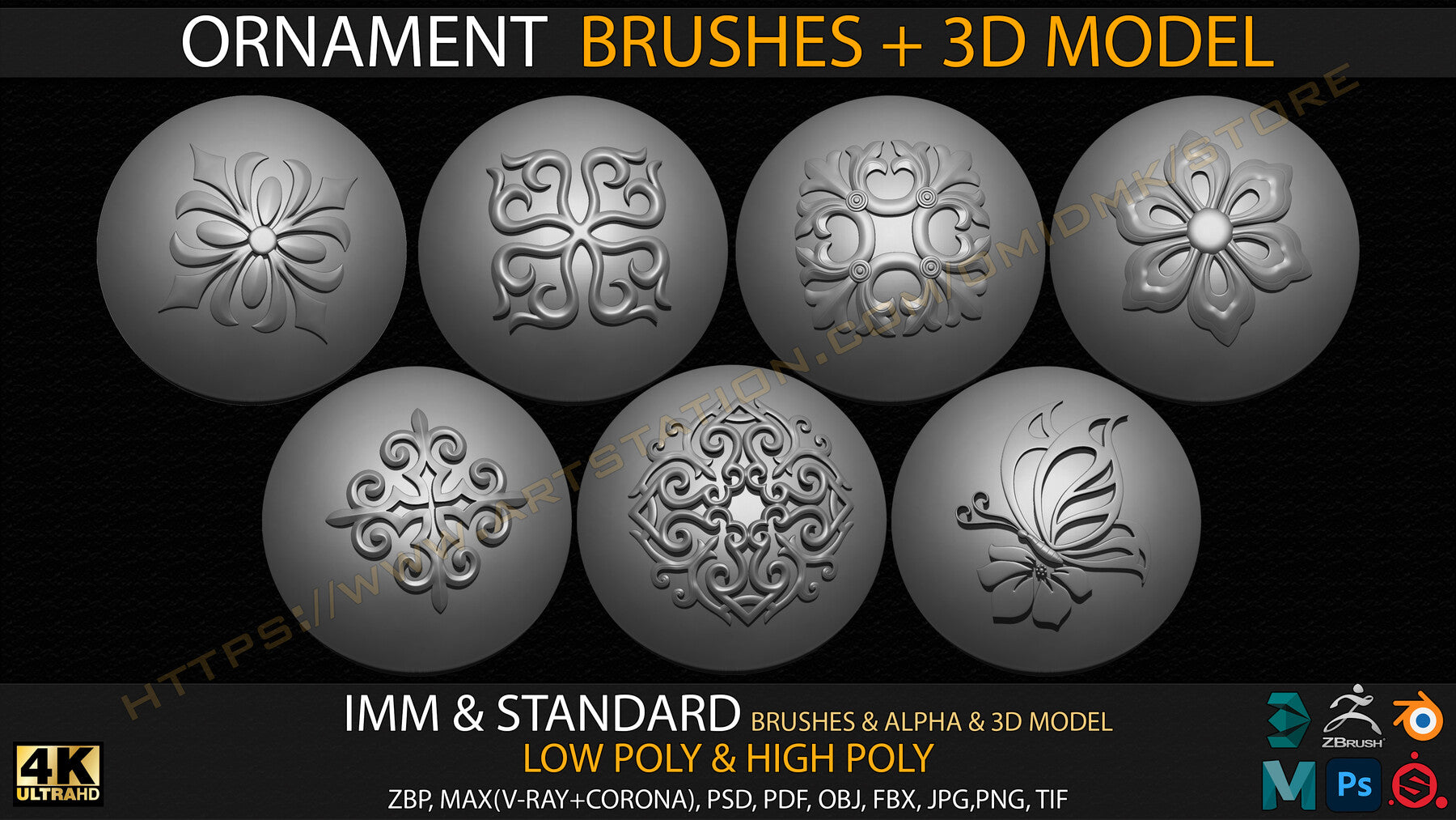 Ornament IMM & Standard Brushes+3D model+ Alpha 4K (V.02)