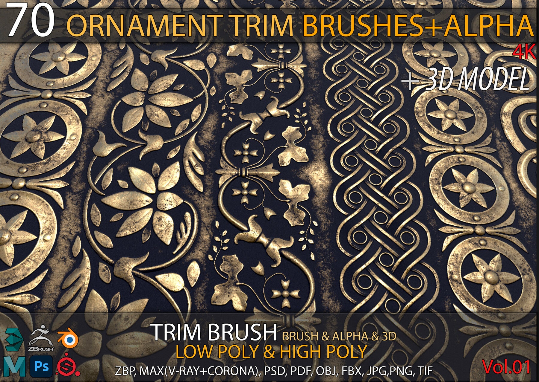 70 Ornament Trim Brushes+3D Model+ Alpha (4k)-Vol 01