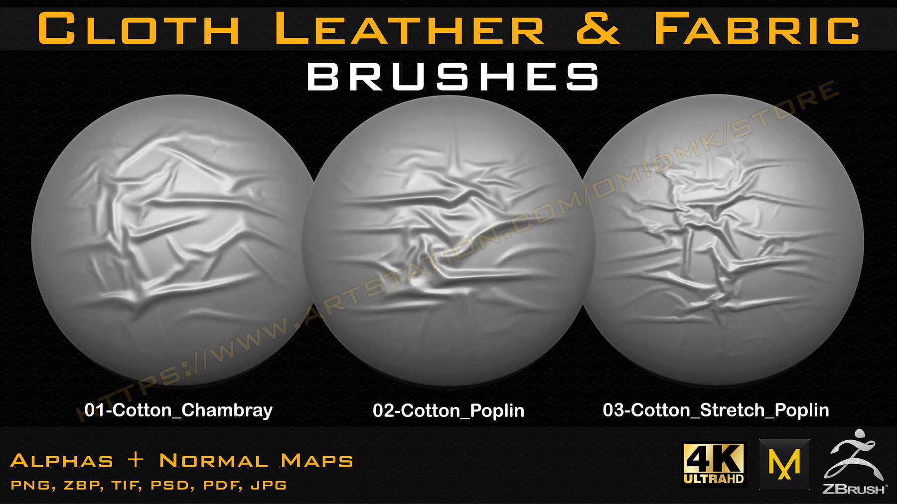 Different types of Cloth, Leather, Fabric & etc Brushes (4k) Tension & Compression Folds- Alpha + Normal Maps V-01