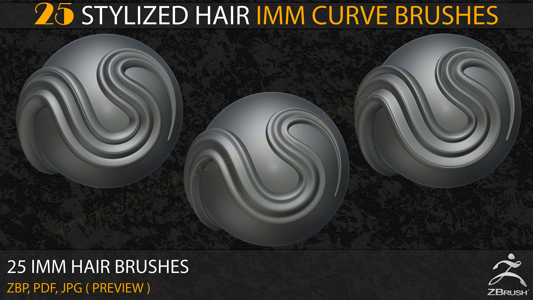 25 Stylized Hair IMM Curve Brushes ( V-01)