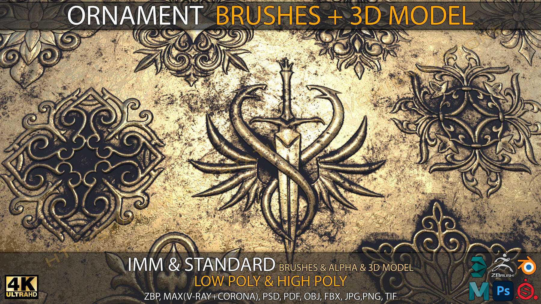 Ornament IMM & Standard Brushes+3D model+ Alpha 4K (V.02)