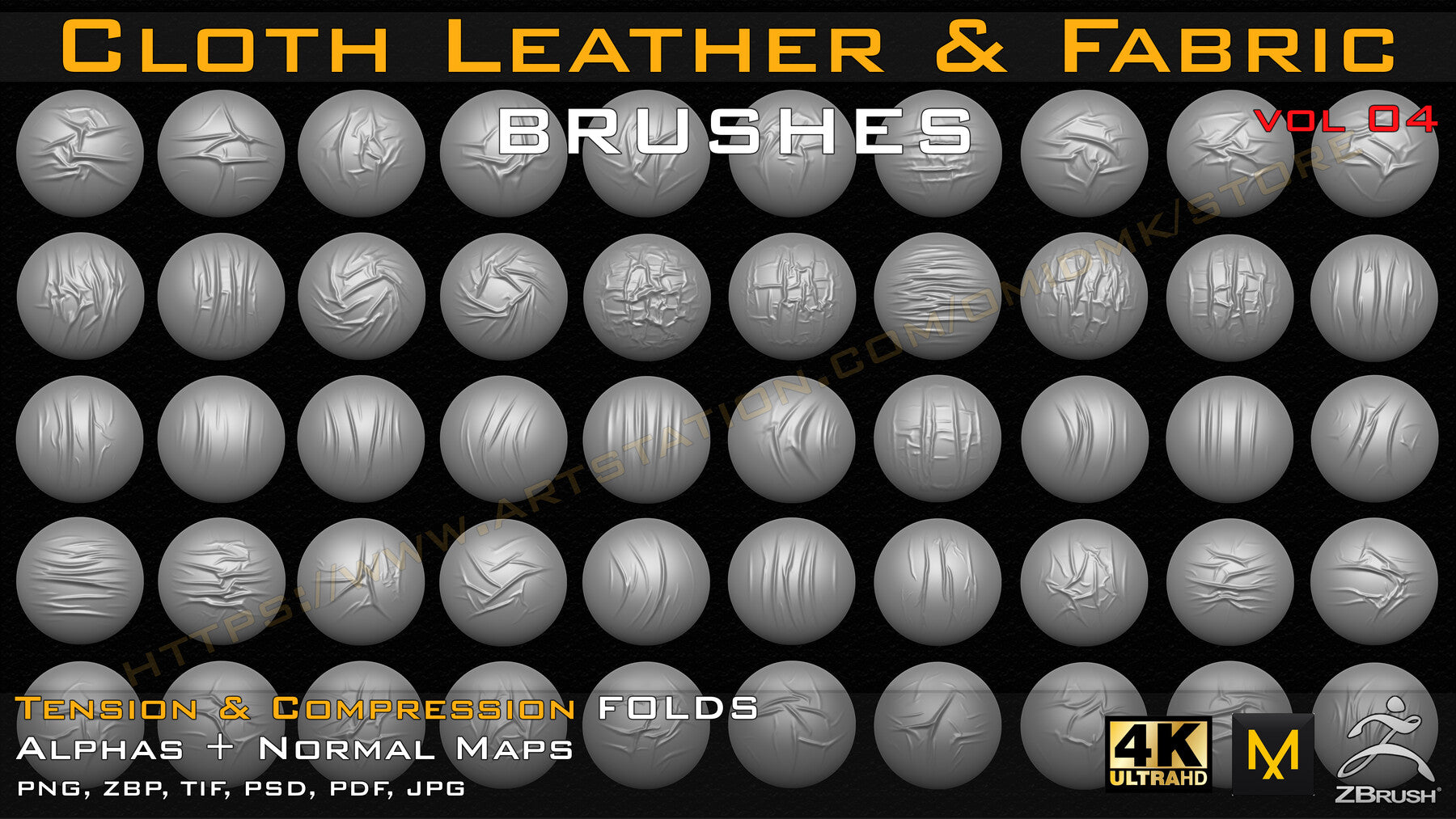 50 cloth Leather & Fabric Brushes (4k) Tension & Compression Folds- Alpha + Normal Maps ( Vol.04 )