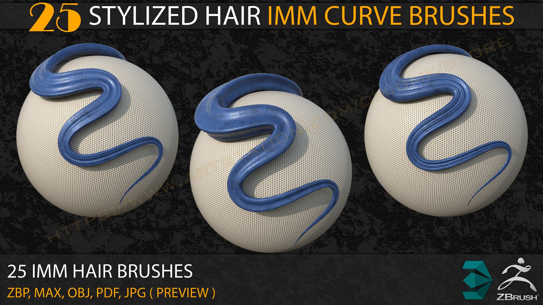 25 Stylized Hair IMM Curve Brushes+3ds Max and OBJ files ( Vol- 02)