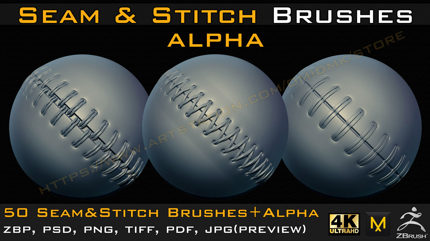 50 Seam & Stitch Brushes & Alpha (Tileable 4k-16bit) Vol.04