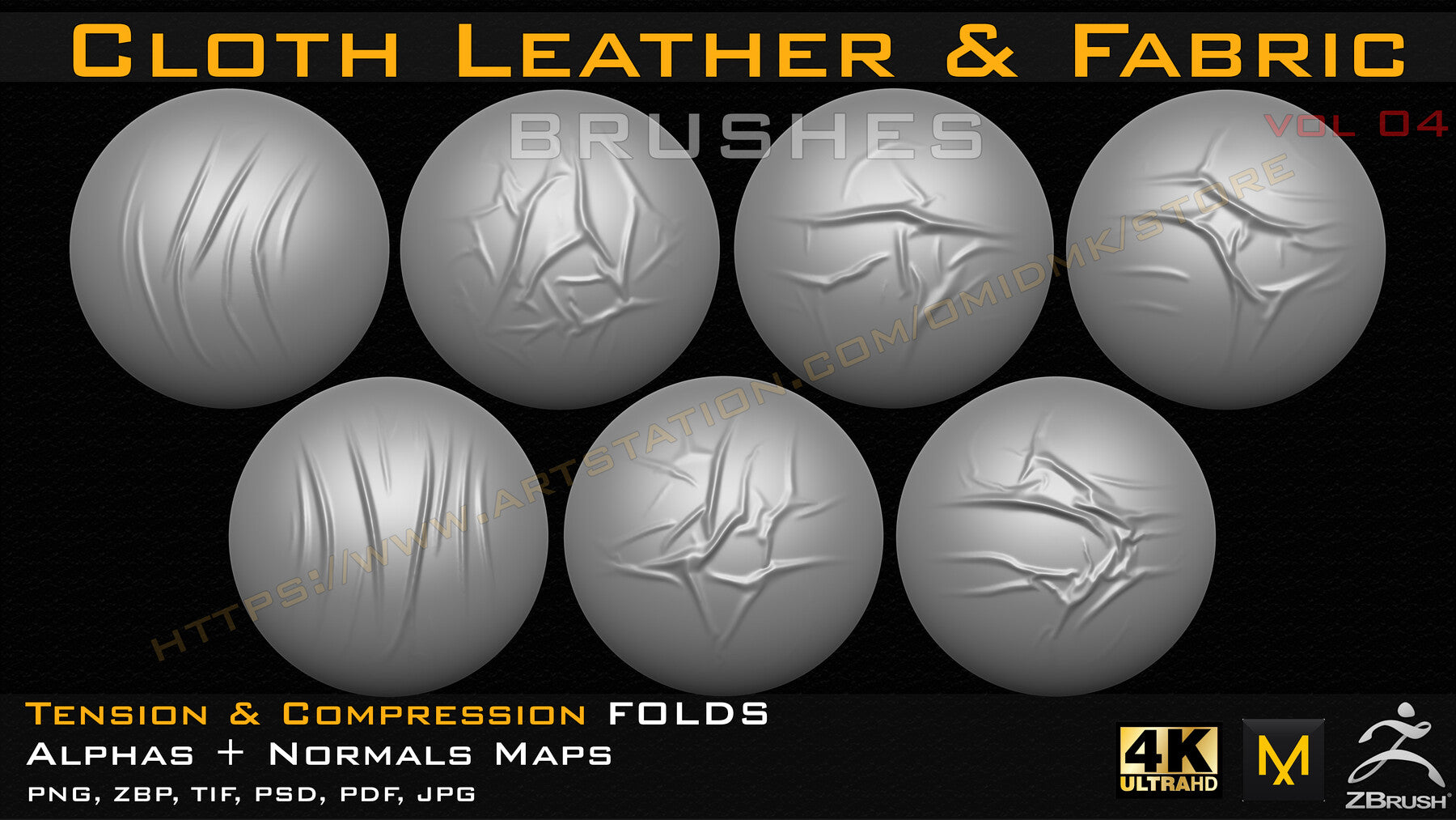 50 cloth Leather & Fabric Brushes (4k) Tension & Compression Folds- Alpha + Normal Maps ( Vol.04 )