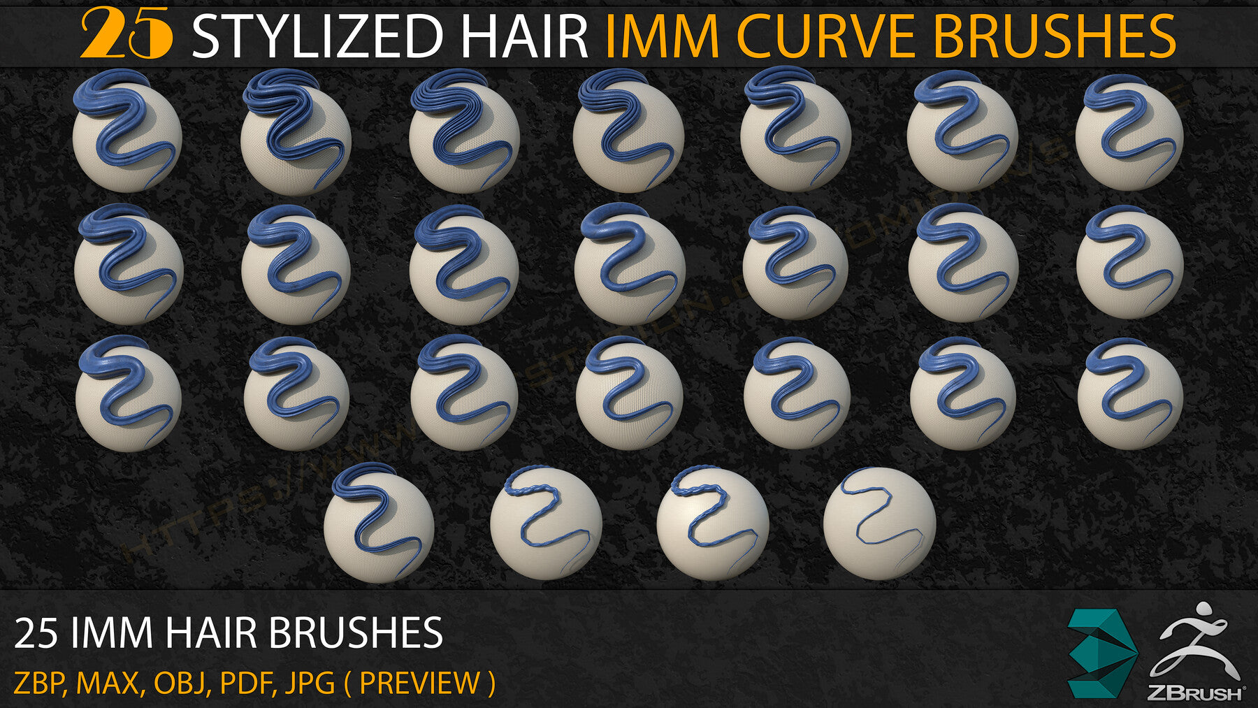 25 Stylized Hair IMM Curve Brushes+3ds Max and OBJ files ( Vol- 02)