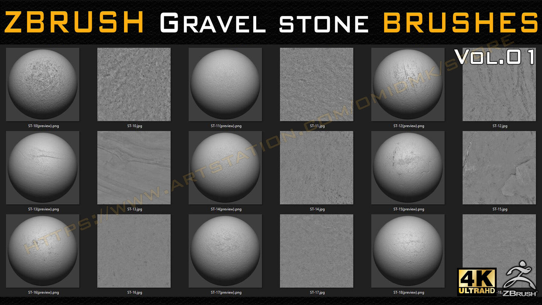 55 VDM + STANDARD BRUSH GRAVEL STONE BRUSHES +55 ALPHA/HEIGHT MAPS HIGH QUALITY (4K) -VOL.01