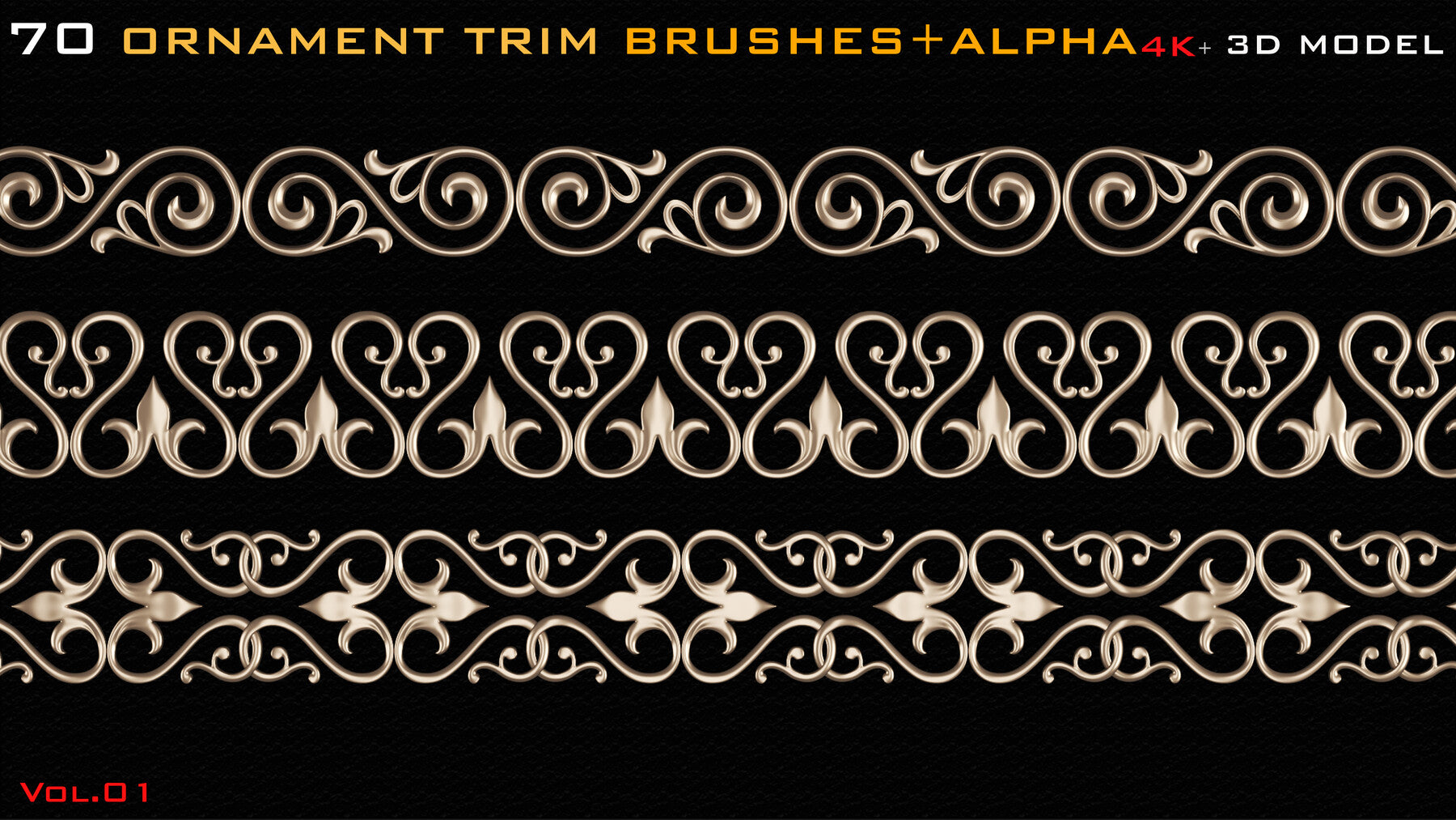 70 Ornament Trim Brushes+3D Model+ Alpha (4k)-Vol 01