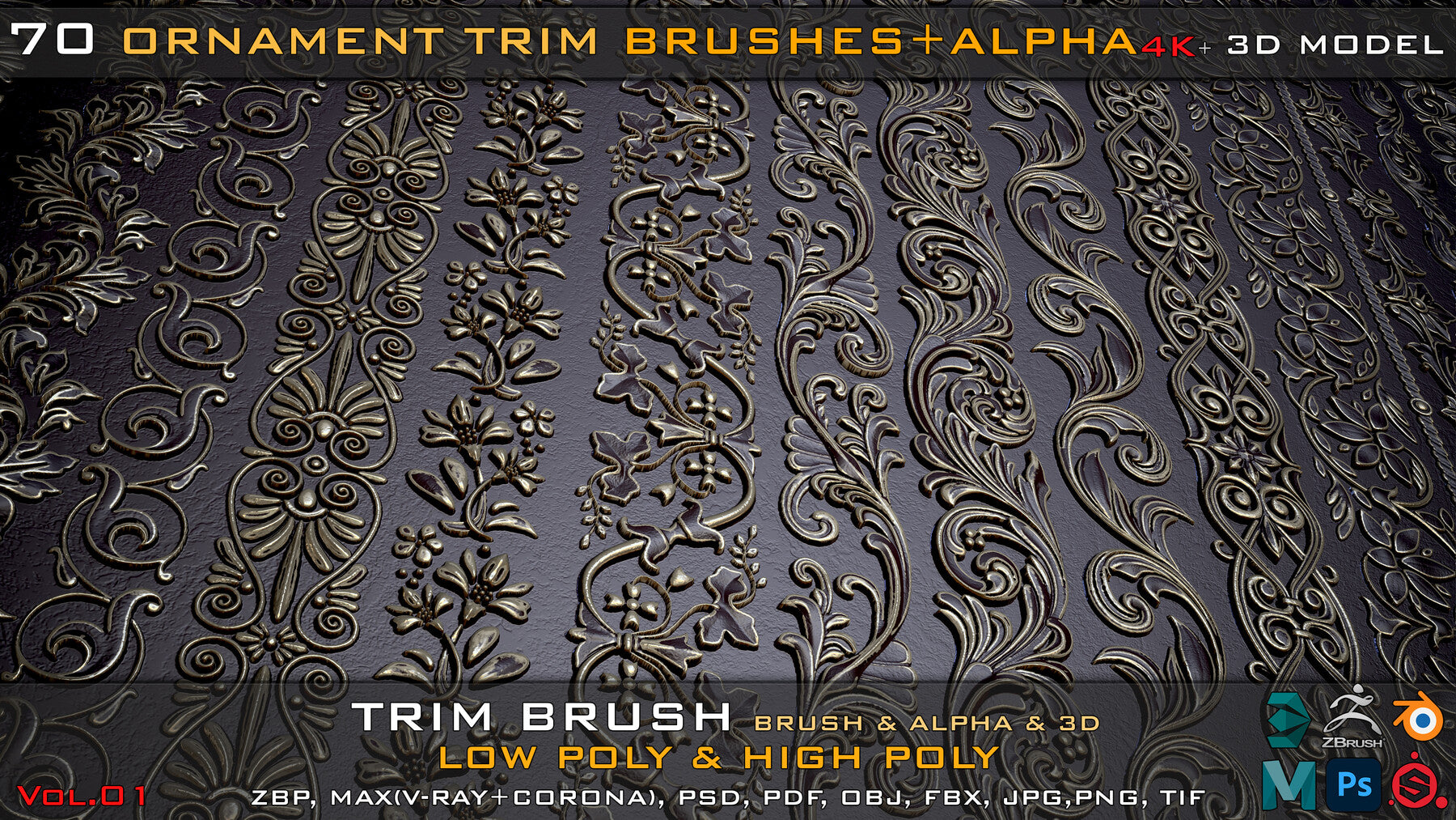 70 Ornament Trim Brushes+3D Model+ Alpha (4k)-Vol 01