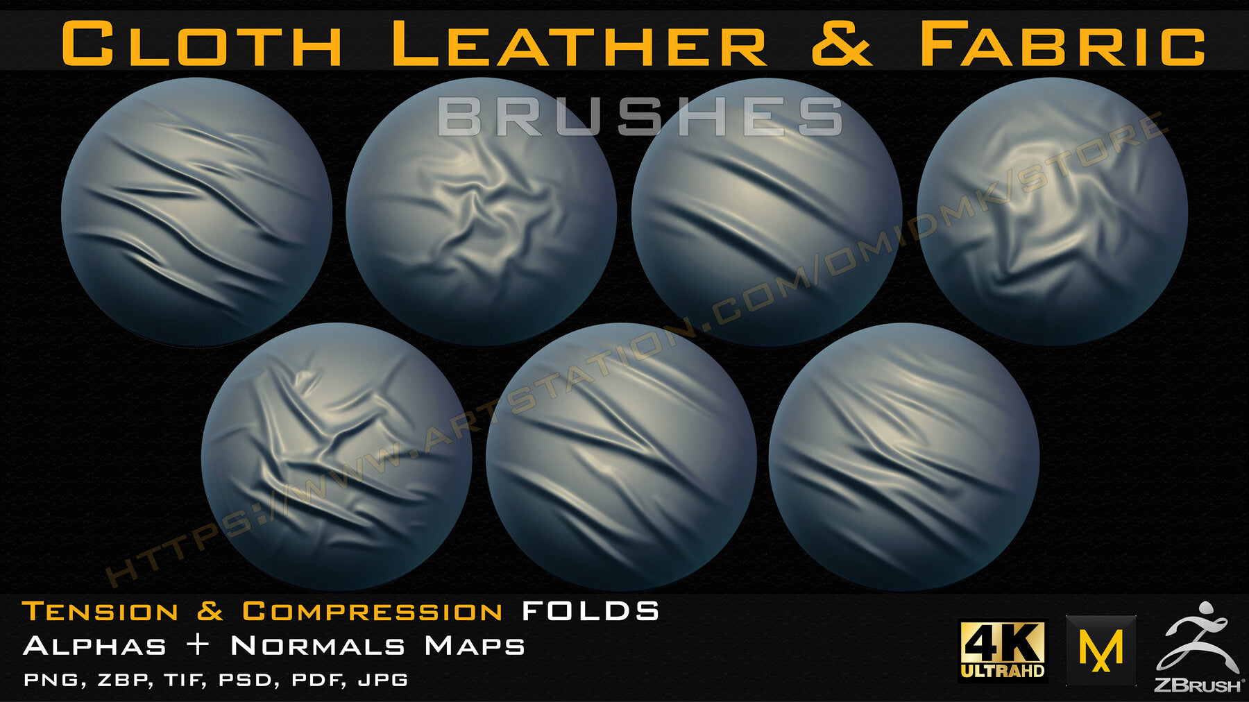 50 cloth Leather & Fabric Brushes (4k) Tension & Compression Folds- Alpha + Normal Maps V-02