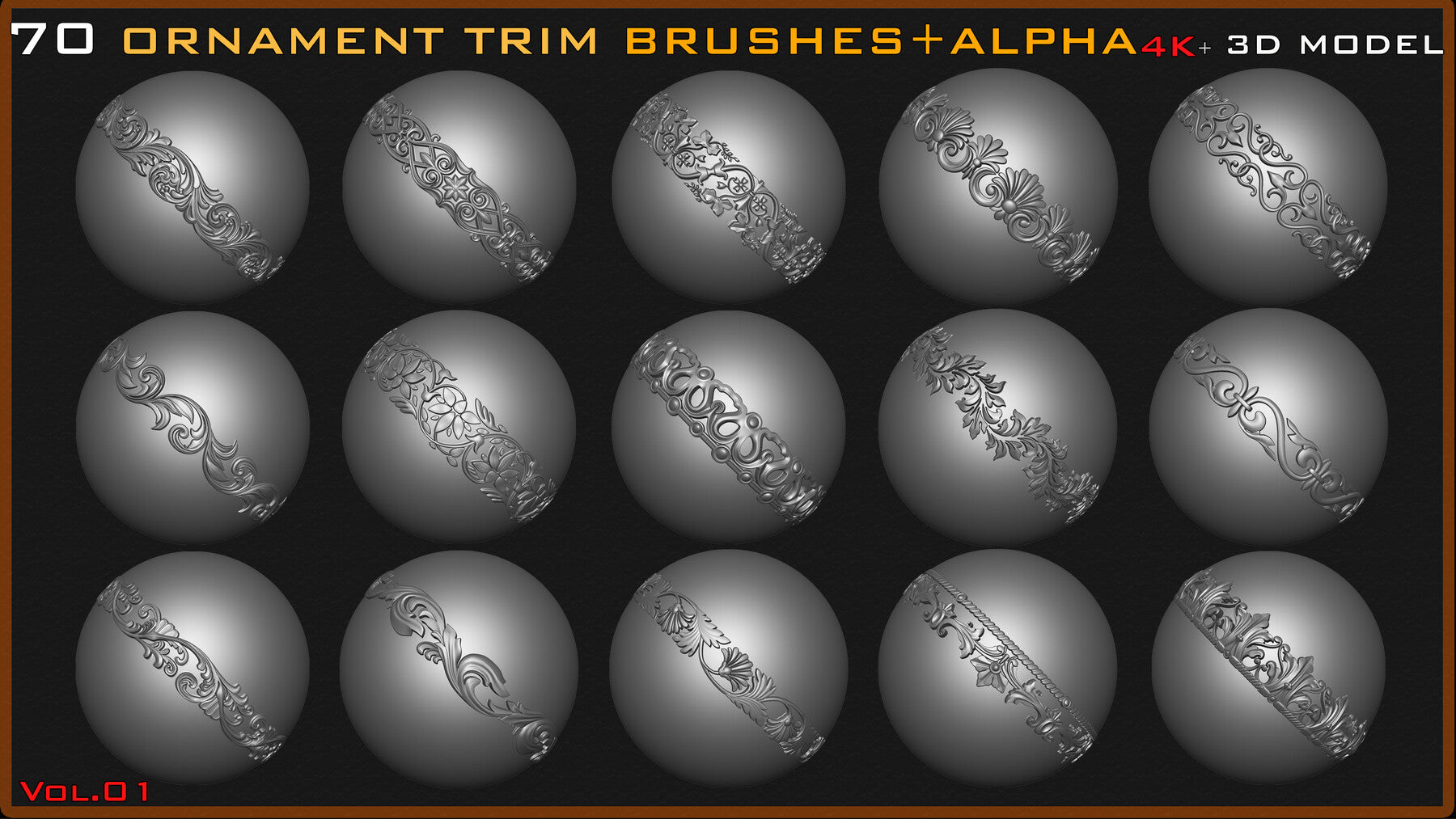 70 Ornament Trim Brushes+3D Model+ Alpha (4k)-Vol 01