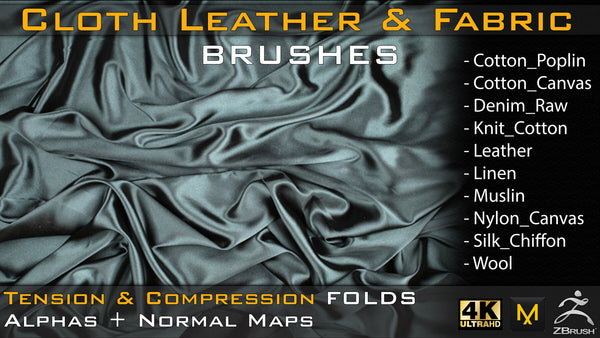 Different types of Cloth, Leather, Fabric & etc Brushes (4k) Tension & Compression Folds- Alpha + Normal Maps V-01