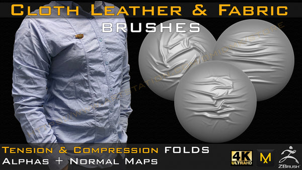 50 cloth Leather & Fabric Brushes (4k) Tension & Compression Folds- Alpha + Normal Maps ( Vol.04 )