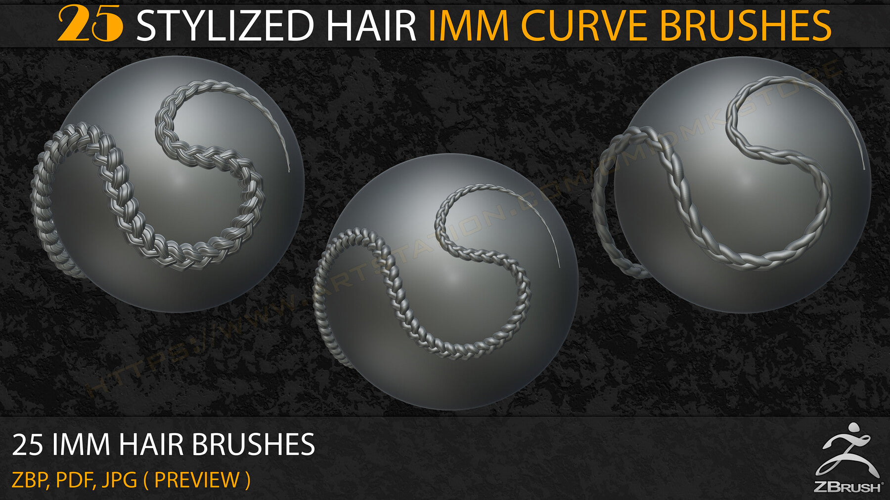 25 Stylized Hair IMM Curve Brushes ( V-01)