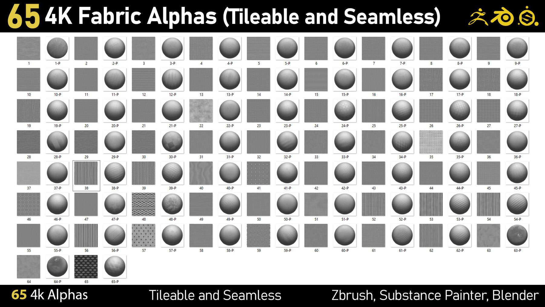 65 4K Fabric Alphas(Tileable) PNG-Zbrush-Substance Painter-Blender-Photoshop