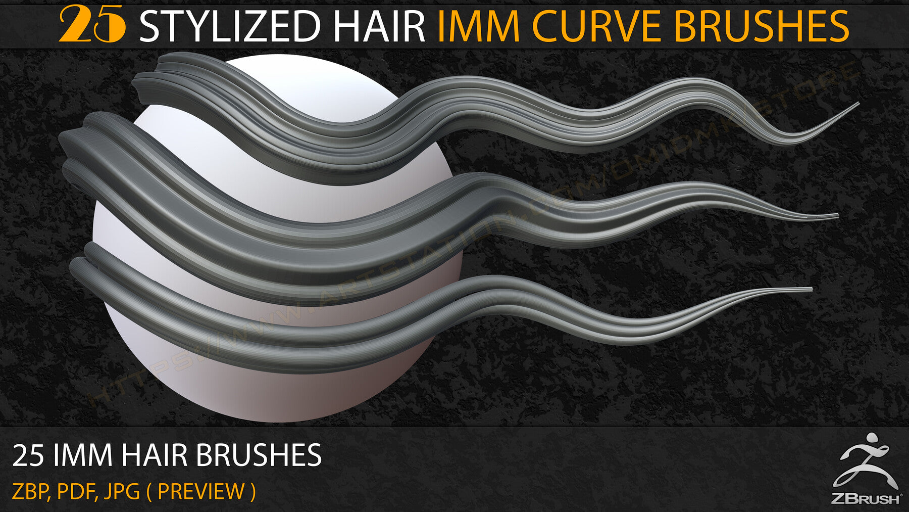 25 Stylized Hair IMM Curve Brushes ( V-01)