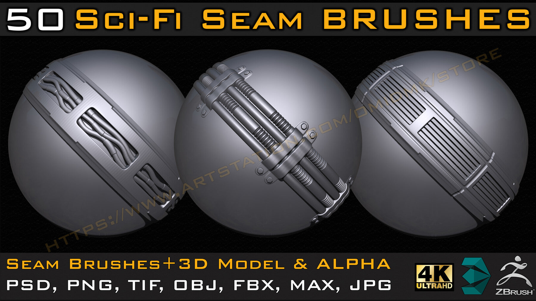 50 Seam & Stitch Brushes & Alpha (Tileable 4k-16bit) Vol.01