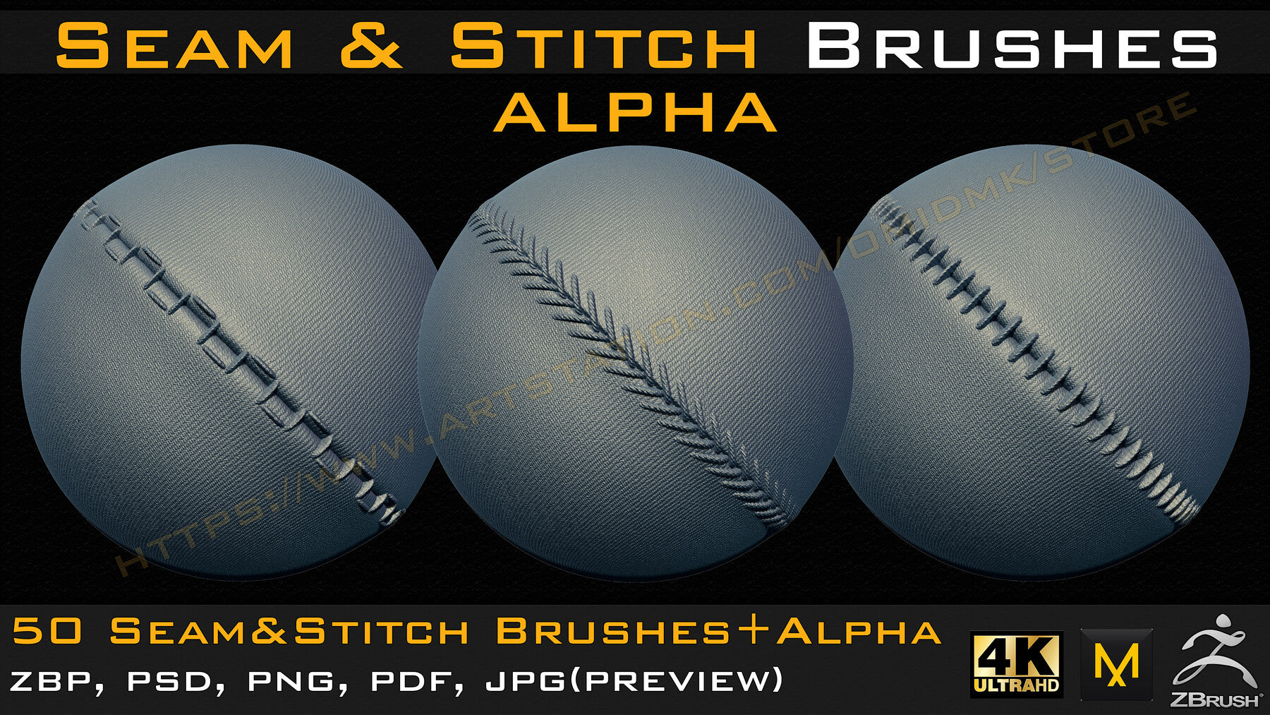 50 Seam & Stitch Brushes & Alpha (Tileable 4k-16bit) Vol.02