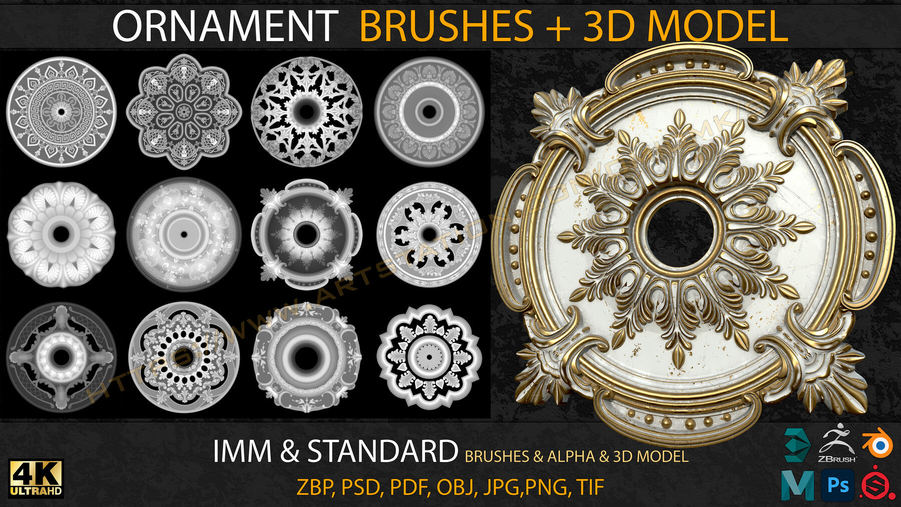 Ornament IMM & Standard Brushes+3D model+ Alpha 4K (V.03)