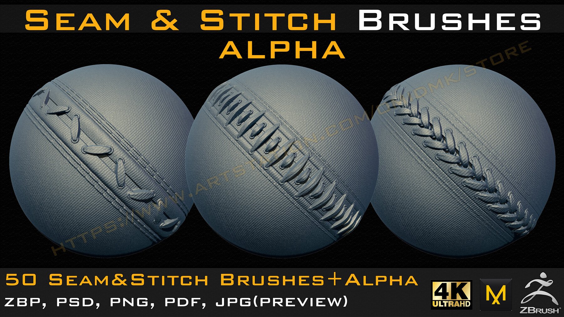 50 Seam & Stitch Brushes & Alpha (Tileable 4k-16bit) Vol.02