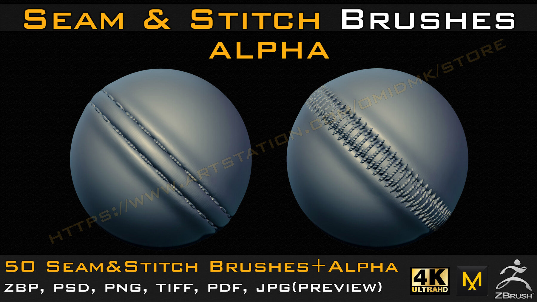 50 Seam & Stitch Brushes & Alpha (Tileable 4k-16bit) Vol.03