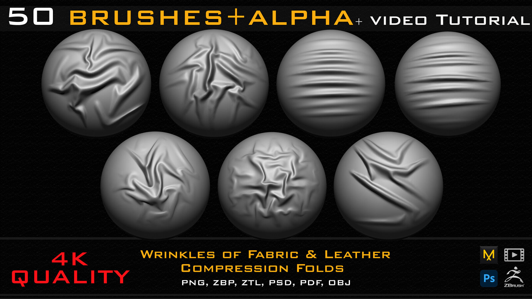 50 ZBrush Brush + Alpha (4K ) ,Fabric and Leather Compression Folds- Vol 02