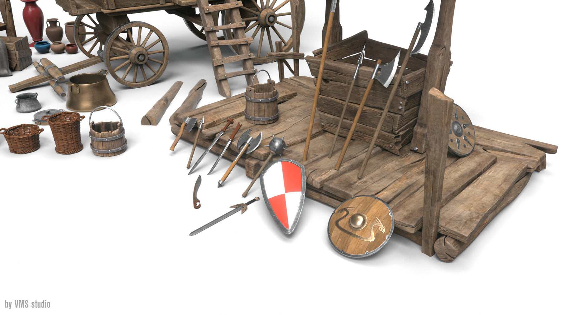 50+MEDIEVAL PROPS KITBASH [Mid Topology/ UV/ PBR textured]