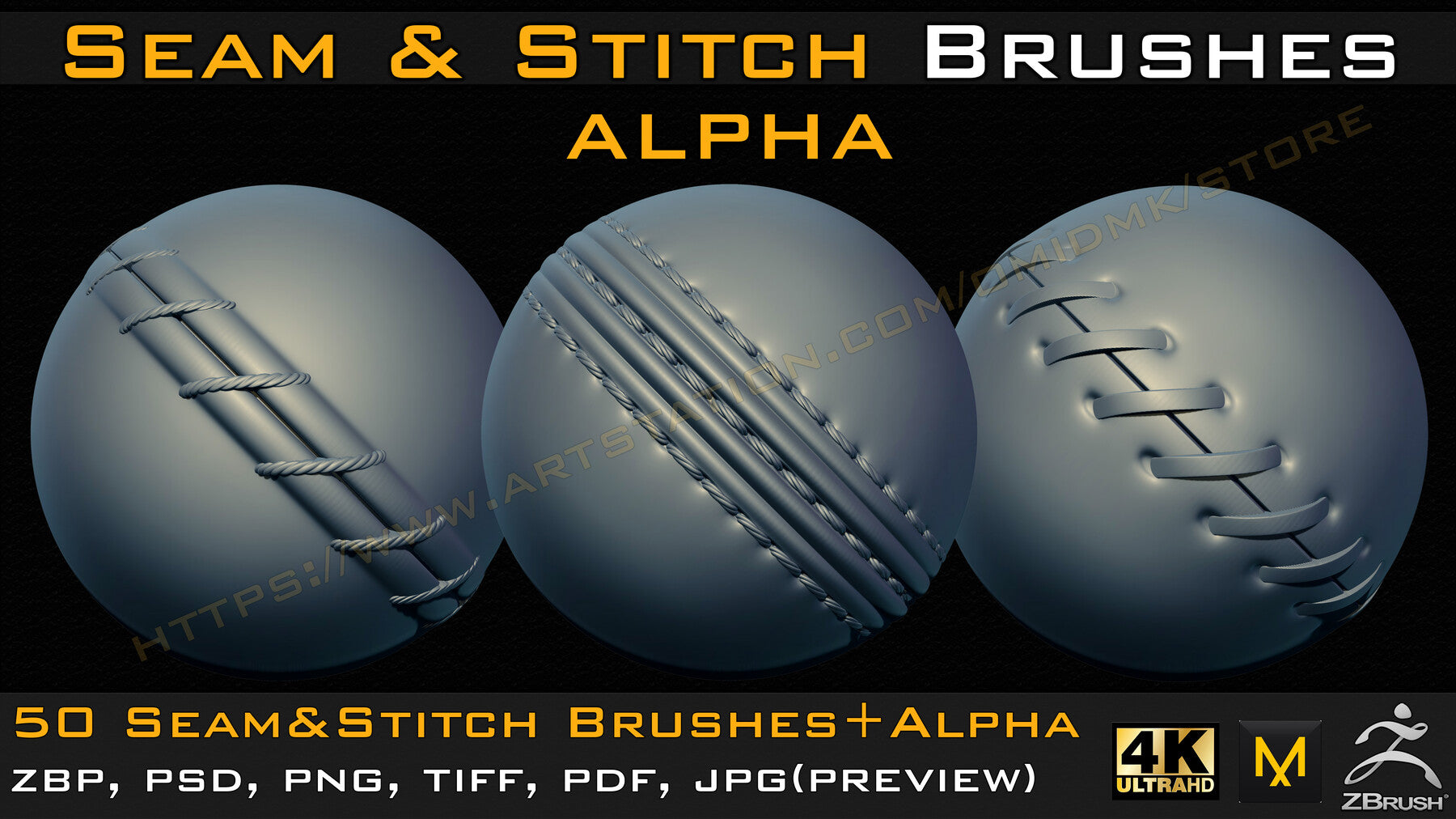 50 Seam & Stitch Brushes & Alpha (Tileable 4k-16bit) Vol.04