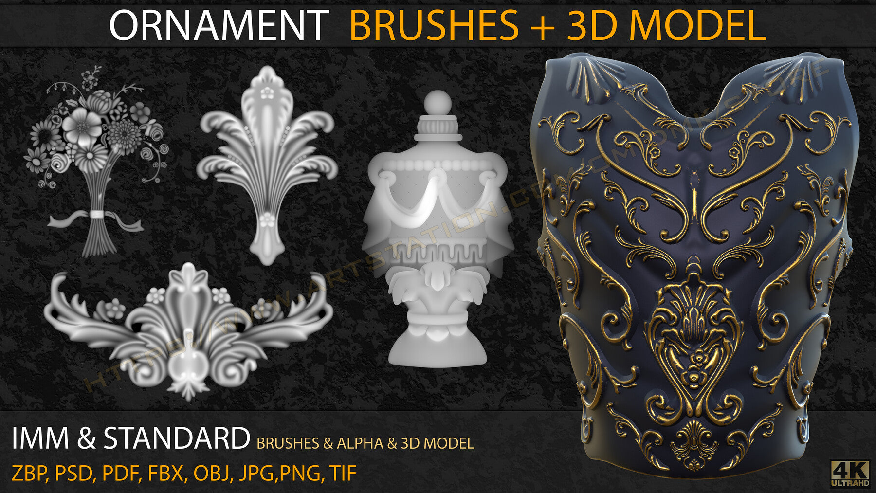 Ornament IMM & Standard Brushes+3D model+ Alpha 4K (V.04)