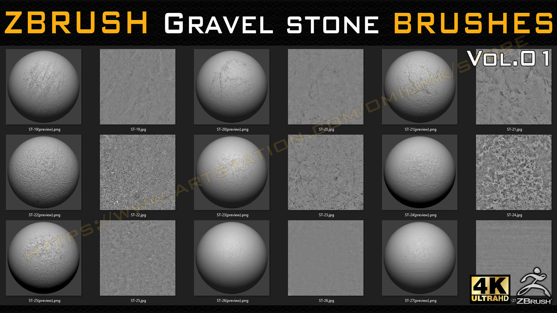 55 VDM + STANDARD BRUSH GRAVEL STONE BRUSHES +55 ALPHA/HEIGHT MAPS HIGH QUALITY (4K) -VOL.01