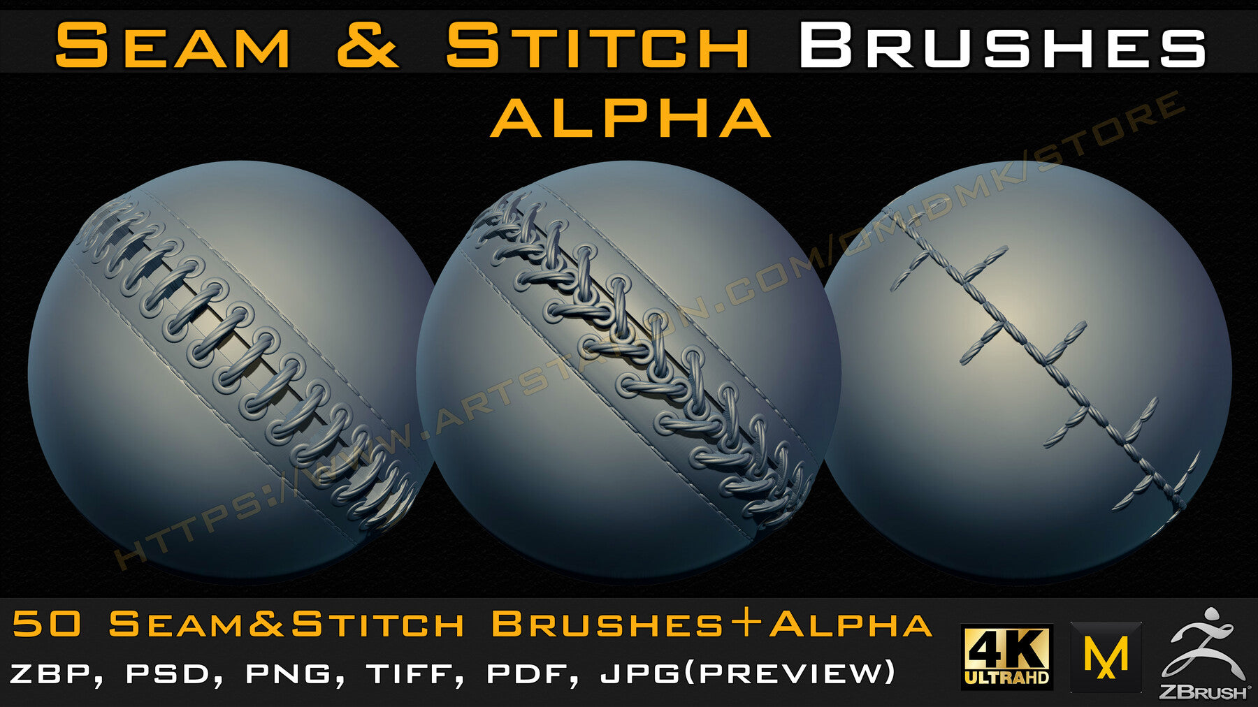 50 Seam & Stitch Brushes & Alpha (Tileable 4k-16bit) Vol.03