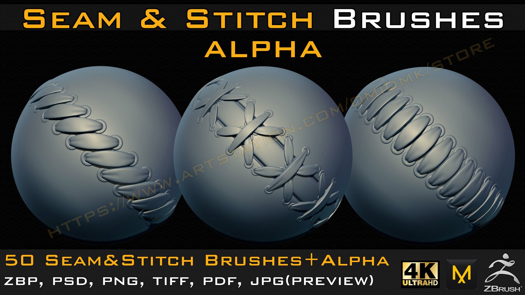 50 Seam & Stitch Brushes & Alpha (Tileable 4k-16bit) Vol.04