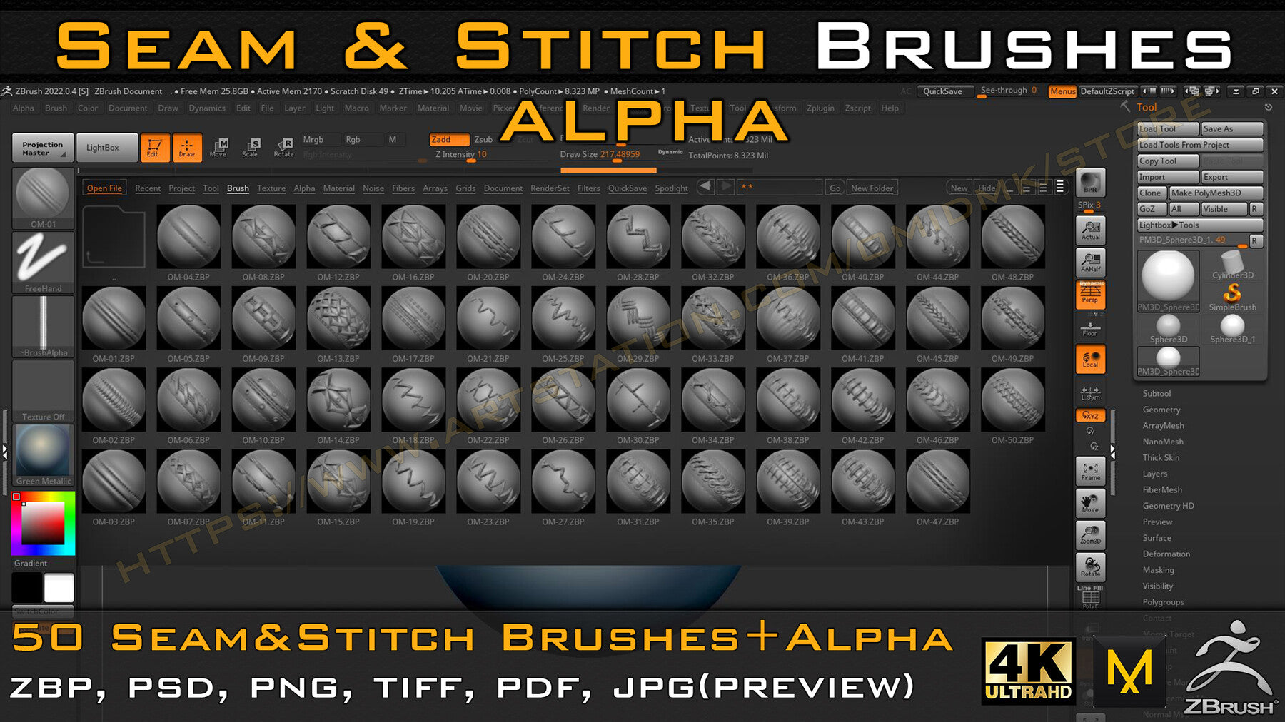 50 Seam & Stitch Brushes & Alpha (Tileable 4k-16bit) Vol.03