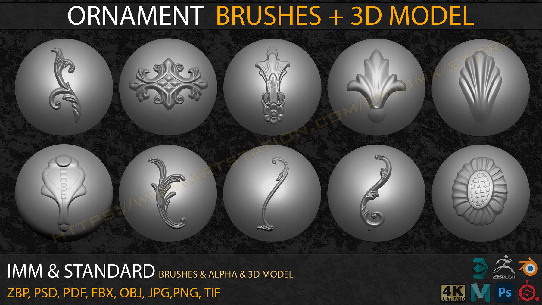 Ornament IMM & Standard Brushes+3D model+ Alpha 4K (V.04)