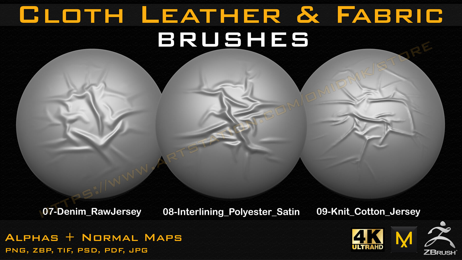 Different types of Cloth, Leather, Fabric & etc Brushes (4k) Tension & Compression Folds- Alpha + Normal Maps V-01