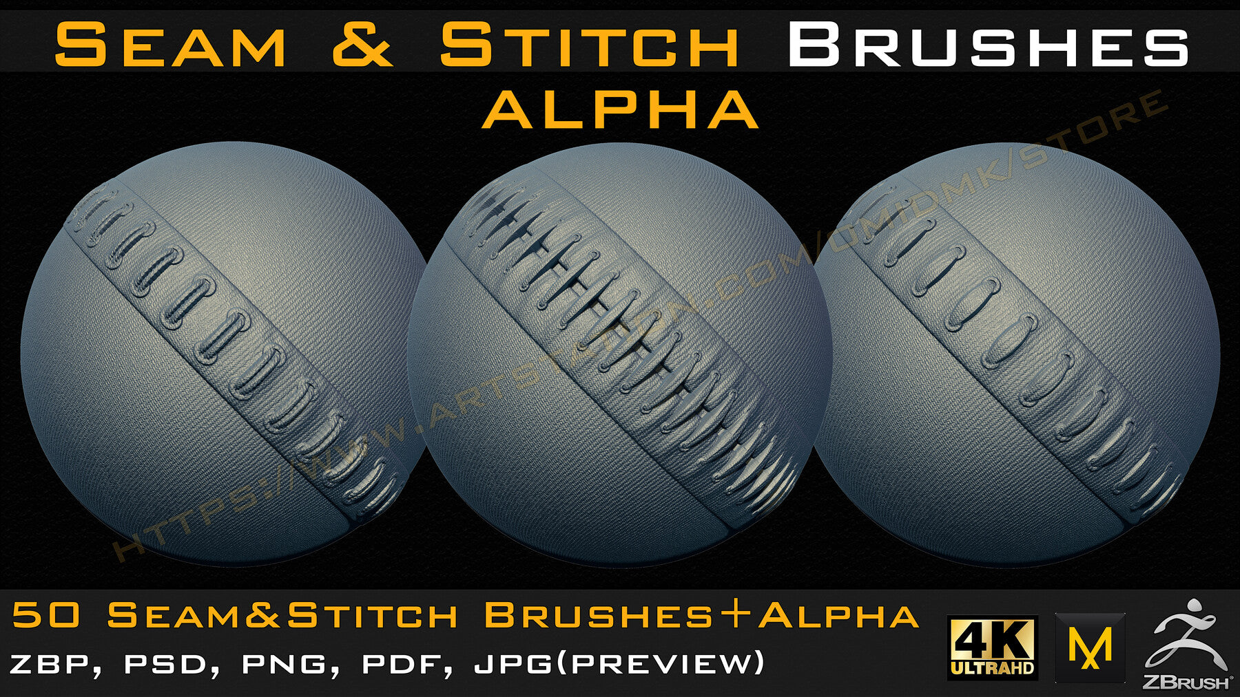 50 Seam & Stitch Brushes & Alpha (Tileable 4k-16bit) Vol.02